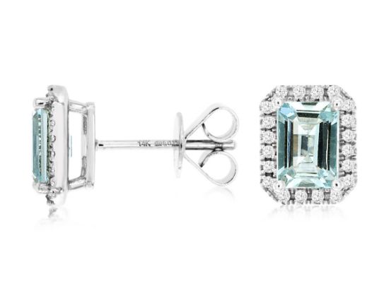 Picture of "Emerald Cut" Aquamarine and Diamond Stud Earrings set in 14k White Gold