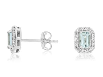 Picture of "Emerald Cut" Aquamarine and Diamond Stud Earrings set in 14k White Gold