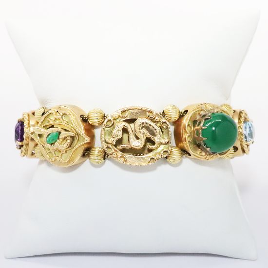 Picture of Vintage 14k Yellow Gold & Gemstone Slide Charm Bracelet with Snake & Dragon Motifs