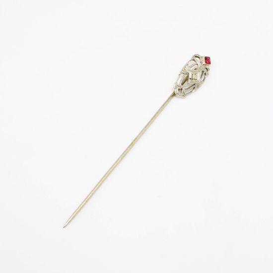 Picture of Antique Early 20th Century 14k White Gold & Platinum Stick Pin with Diamond & Synthetic Ruby Accents