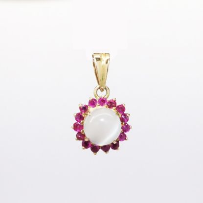 Picture of Vintage 14k Yellow Gold & Moonstone Cabochon Pendant with Ruby Halo