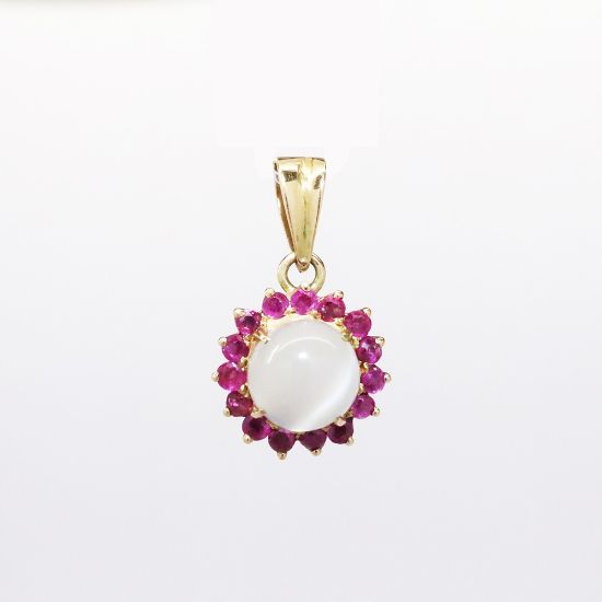 Picture of Vintage 14k Yellow Gold & Moonstone Cabochon Pendant with Ruby Halo