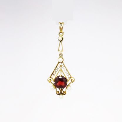 Picture of Antique Edwardian 10k Yellow Gold, Garnet & Seed Pearl Lavalier Pendant