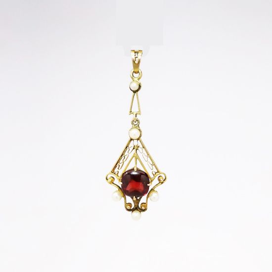 Picture of Antique Edwardian 10k Yellow Gold, Garnet & Seed Pearl Lavalier Pendant