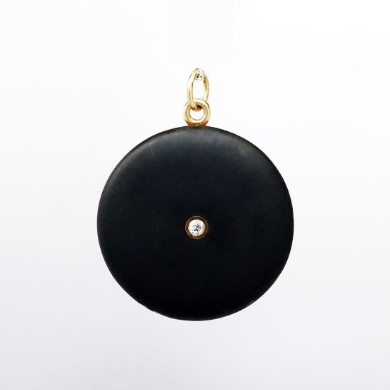 Picture of Antique Victorian Era 14k Yellow Gold & Black Enamel Mourning Locket with Mine Cut Diamond Accent