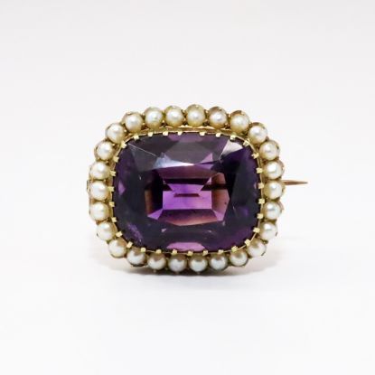 Picture of Antique Victorian Era 15k Yellow Gold & Cushion Cut Amethyst Brooch with Pearl Halo