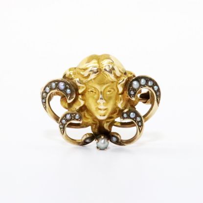 Picture of Antique Art Nouveau 10k Yellow Gold & Seed Pearl Woman's Face Brooch