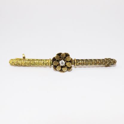 Picture of Antique Victorian Era Detailed 14k Yellow Gold Bar Brooch with Diamond Accented Flower Center