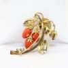 Picture of Vintage 14k Yellow Gold & Carved Coral Strawberries Brooch with Emerald Accents