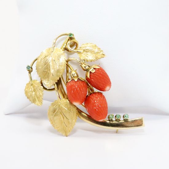 Picture of Vintage 14k Yellow Gold & Carved Coral Strawberries Brooch with Emerald Accents