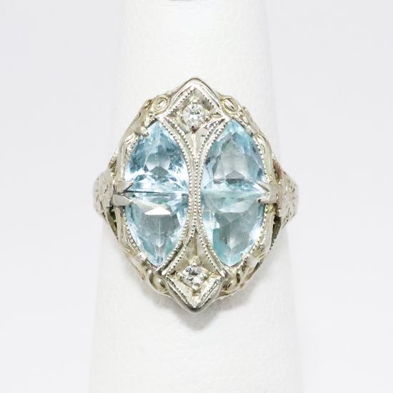 Picture of Antique Art Deco 14k White Gold Filigree & Aquamarines Ring with Diamond Accents