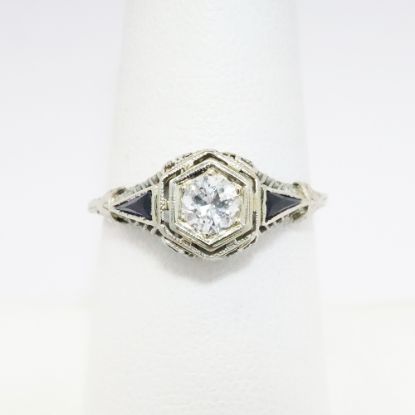 Picture of Antique Art Deco 18k White Gold Filigree & Diamond Engagement Ring with Synthetic Sapphire Accents