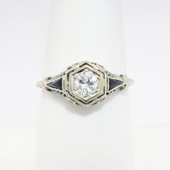 Picture of Antique Art Deco 18k White Gold Filigree & Diamond Engagement Ring with Synthetic Sapphire Accents