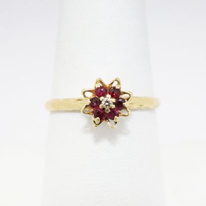 Picture of Vintage 14k (585) Etched Yellow Gold & Ruby Flower Ring with Diamond Center