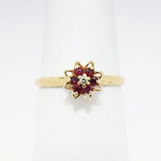 Picture of Vintage 14k (585) Etched Yellow Gold & Ruby Flower Ring with Diamond Center