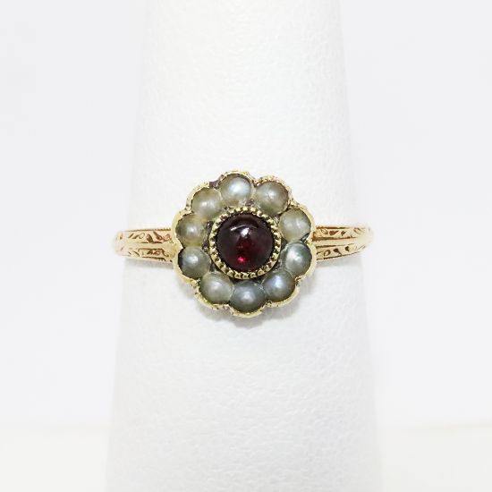 Picture of Antique Late Victorian Era Etched 14k Yellow Gold & Garnet Cabochon Ring with Seed Pearl Halo