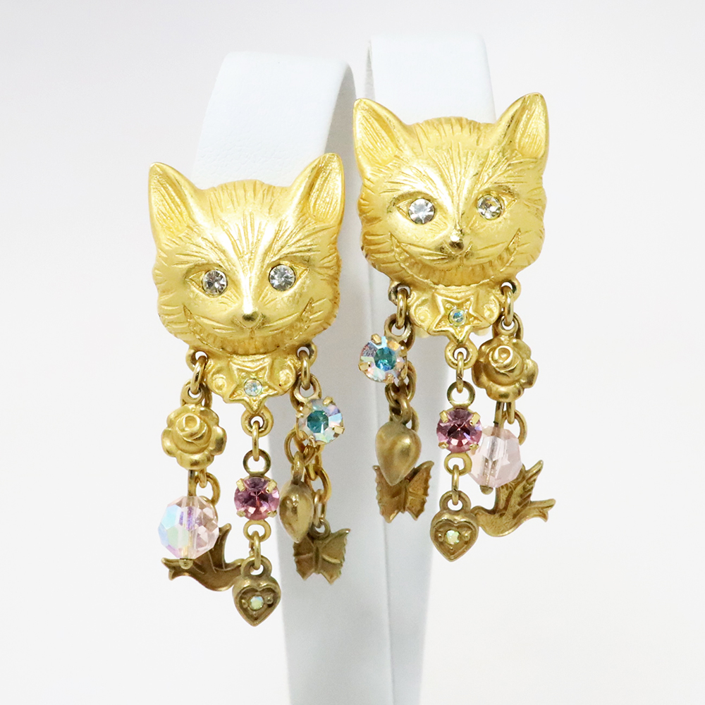 Vintage Kirk's 2024 Folly Gilded Cheshire Cat Clipon Earrings With Dangling Char