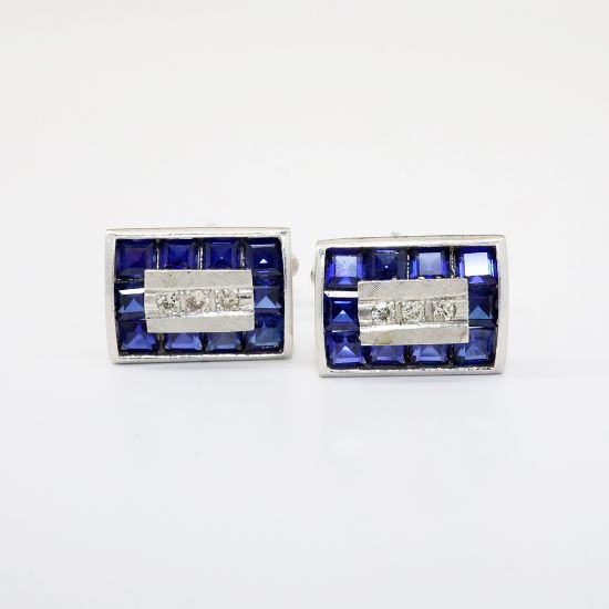 Picture of Mid Century Lucien Piccard 14k White Gold, Diamond & Synthetic Blue Sapphire Cufflinks