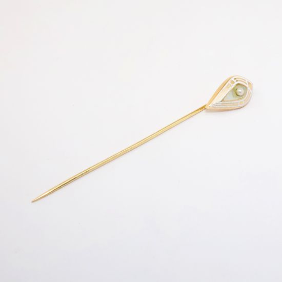 Picture of Antique Edwardian Era 14k Gold, Mother of Pearl, White Enamel & Seed Pearl Stick Pin