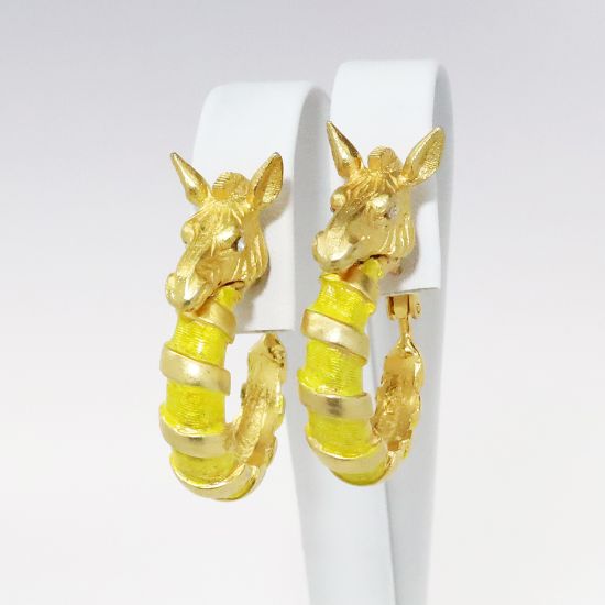 Picture of Vintage 1960's Hattie Carnegie Gold Tone Metal & Yellow Enamel Zebra Hoop Earrings