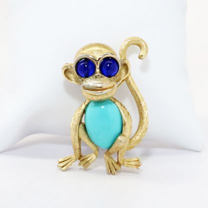 Picture of Vintage Crown Trifari Turquoise 'Jelly Belly' Monkey Brooch