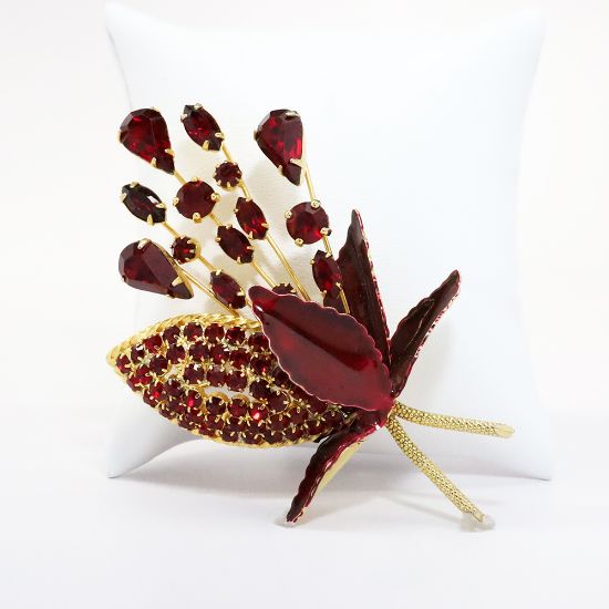 Picture of Vintage Weiss Red Rhinestone Brooch with Red Enameled Leaves