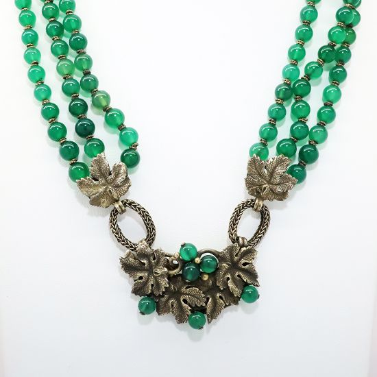 Picture of Art Deco Era Triple Strand Beaded Chrysoprase Necklace with Gilt Silver Leaf Accents