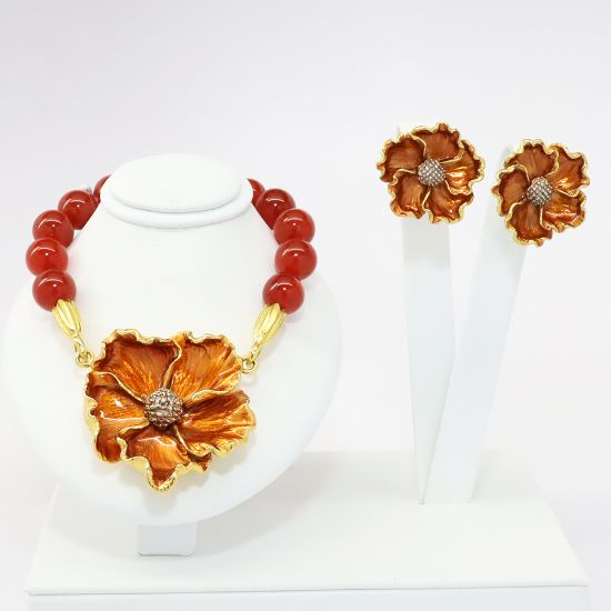 Picture of MMA (Metropolitan Museum of Art) Carnelian Beaded Necklace with Enameled Poppy Clasp & Matching Earrings