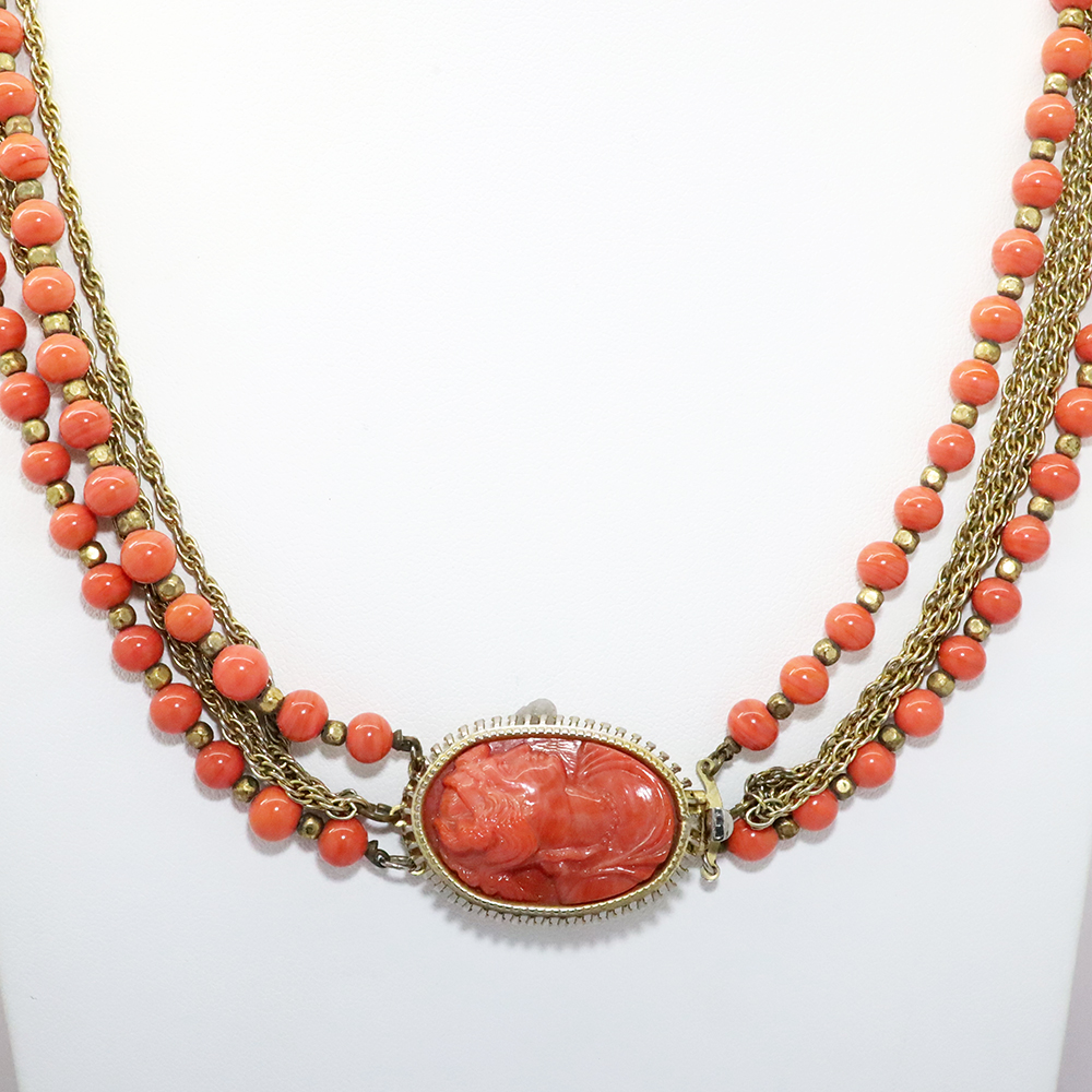 The Silver Vintage Hattie Carnegie Faux Coral Cameo Beaded