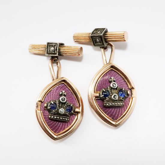 Picture of Pair of Fabergé Rose Gold, Sapphire, Diamonds & Guilloche Enameled Cufflinks by Workmaster Mikhail Perkhin