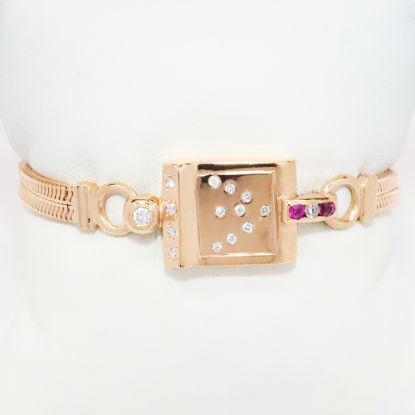 Picture of 14k Rose Gold Faux Watch Bracelet with Diamond & Ruby Accents