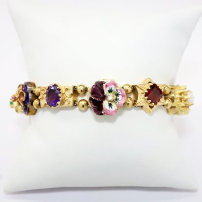 Picture of Vintage Mid Century 14k Yellow Gold, Gemstone & Enameled Slide Charm Bracelet