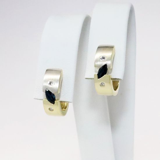 Picture of 14k Two-Tone Gold, Sapphire & Diamond Huggee Hoop Earrings