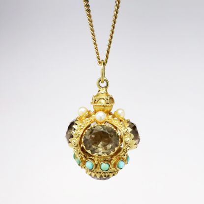 Picture of 18k Yellow Gold Necklace with Vintage Italian Gold, Smoky Quartz, Pearl & Turquoise Pendant