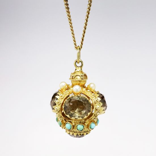 Picture of 18k Yellow Gold Necklace with Vintage Italian Gold, Smoky Quartz, Pearl & Turquoise Pendant