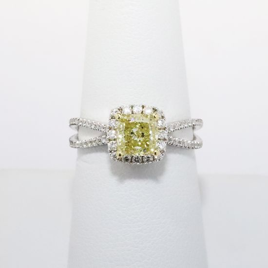 Picture of 18k Two-Tone Gold & Cushion Cut Yellow Diamond Ring with Diamond Halo & Split Band