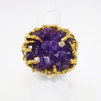 Picture of Brutalist 18k Yellow Gold & Amethyst Cluster Ring with Diamond Accents