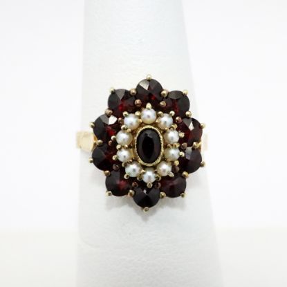 Picture of Antique 14k Yellow Gold, Garnet & Seed Pearl Victorian Revival Ring by Binder Brothers