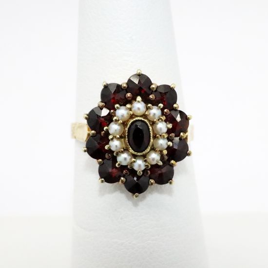 Picture of Antique 14k Yellow Gold, Garnet & Seed Pearl Victorian Revival Ring by Binder Brothers