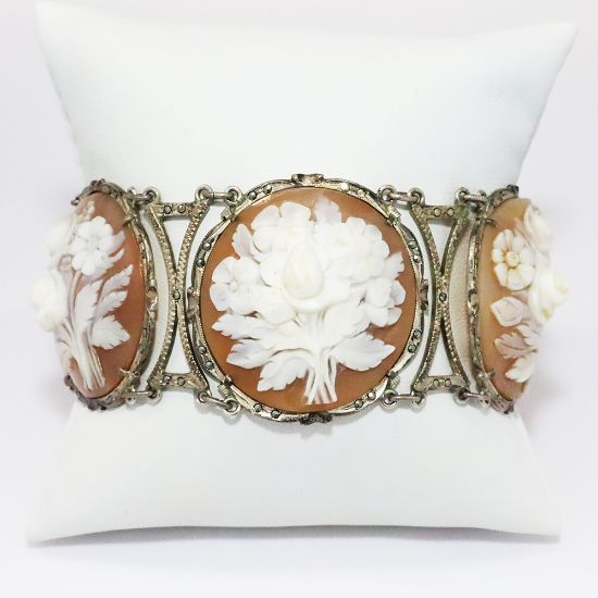 Picture of Antique .800 Italian Silver & Carved Shell Flower Cameo Bracelet with Marcasite Accents