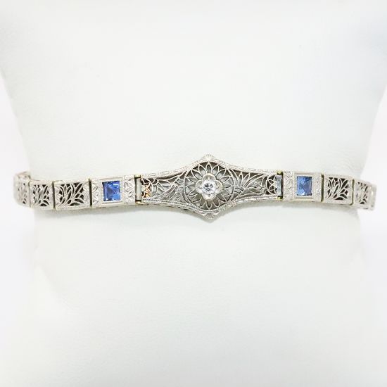 Picture of Antique Art Deco 14k White Gold Filigree, Diamond & Synthetic Sapphire Bracelet