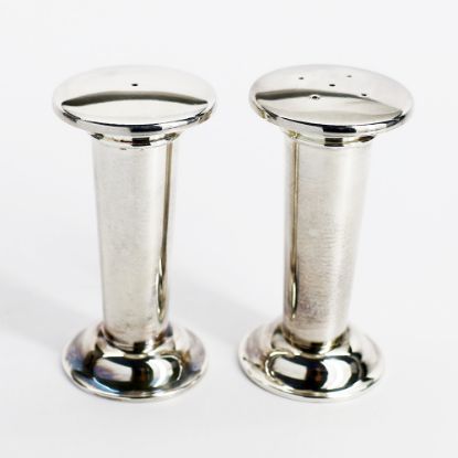 Picture of Vintage Mid Century Modern Swid Powell Silver Plated Salt & Pepper Shaker Set in Original Packaging