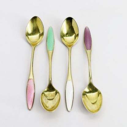 Picture of Vintage Set of 4 Frigast, Denmark Gilt Sterling Silver & Guilloche Enamel Demitasse Spoons