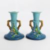 Picture of Vintage 1940's Roseville Pottery Pair of Blue Apple Blossom Candlesticks, Shape #352