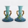 Picture of Vintage 1940's Roseville Pottery Pair of Blue Apple Blossom Candlesticks, Shape #352