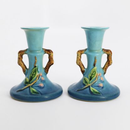 Picture of Vintage 1940's Roseville Pottery Pair of Blue Apple Blossom Candlesticks, Shape #352