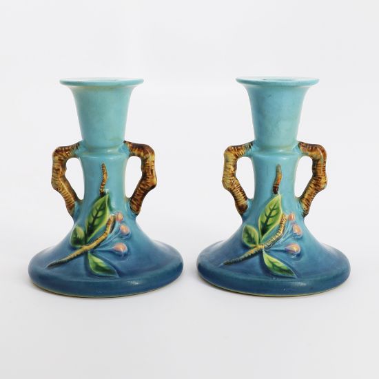 Picture of Vintage 1940's Roseville Pottery Pair of Blue Apple Blossom Candlesticks, Shape #352