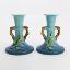 Picture of Vintage 1940's Roseville Pottery Pair of Blue Apple Blossom Candlesticks, Shape #352