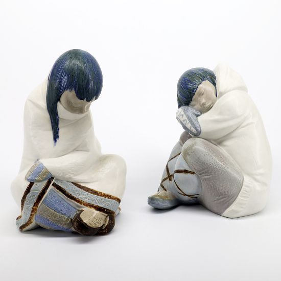 Picture of Lladro 'Eskimo Boy' & 'Eskimo Girl' Sleeping Gres Figurines #12007 & 12008