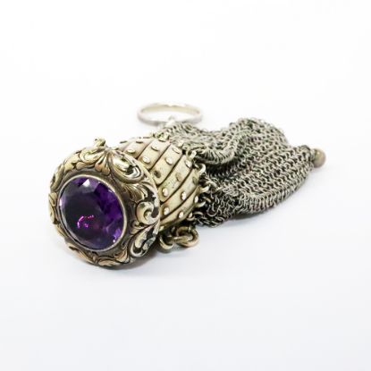 Picture of Victorian Era Sterling Silver & Amethyst Gate Twist Top Mesh Chatelaine Purse